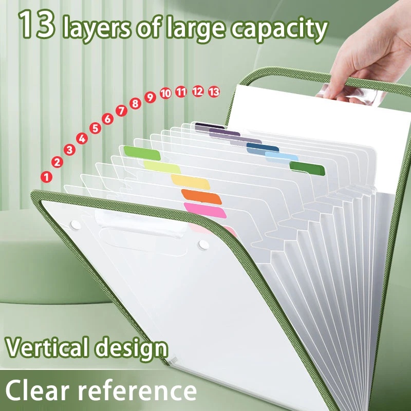 Expandable Accordion File Folder 13 Pockets - A4サイズのポータブル縦型拡張式ファイルオーガナイザー1個、13ポケットのアコーディオン式ファイル、学生用のテスト用紙を収納できるプラスチック製ドキュメントバッグ。
