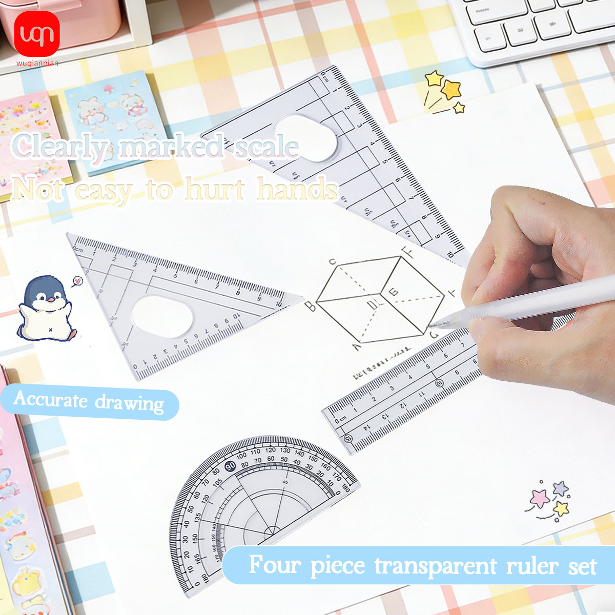 Math Geometry Set With Compass - 8種類の機能が1つになった学生用幾何学コンパスセット。2B鉛筆芯付きの漫画風金属製コンパス、定規、消しゴムが付属。数学の図作成に最適な文房具。