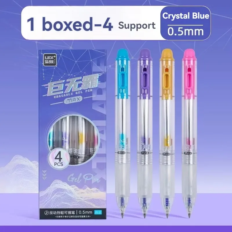 Retractable Eraser Pen Click - 4本セット、繰り出し式で消せるジェルボールペン、0.5mmの細いペン先、青インク、滑らかな書き心地、学校やオフィスでの文具として最適。
