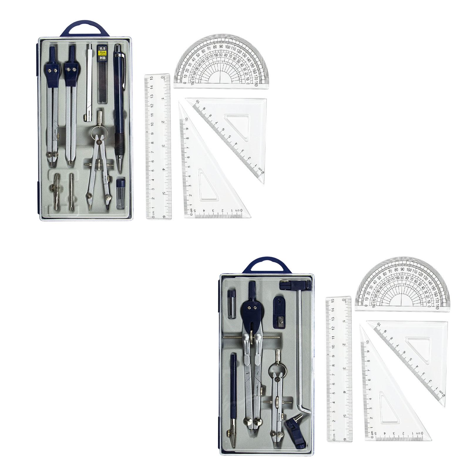 Math Geometry Set With Compass - 幾何学セット プロフェッショナル必須幾何学ツール 製図ツール 数学分度器キット 学生用定規 収納ケース付き