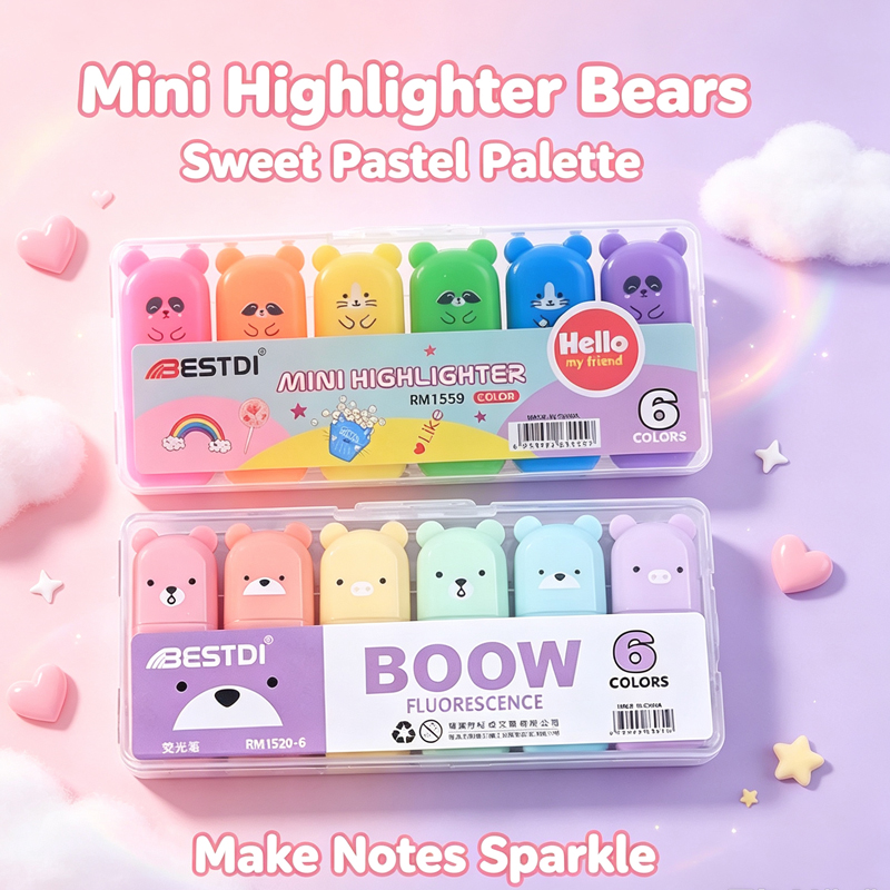 Pastel Highlighter Set Double Ended - かわいいクマの形をした蛍光ペンセット。キュートな文房具、キャンディカラーの蛍光ペン、パステルカラーのペン。学校用品、アクセサリー。